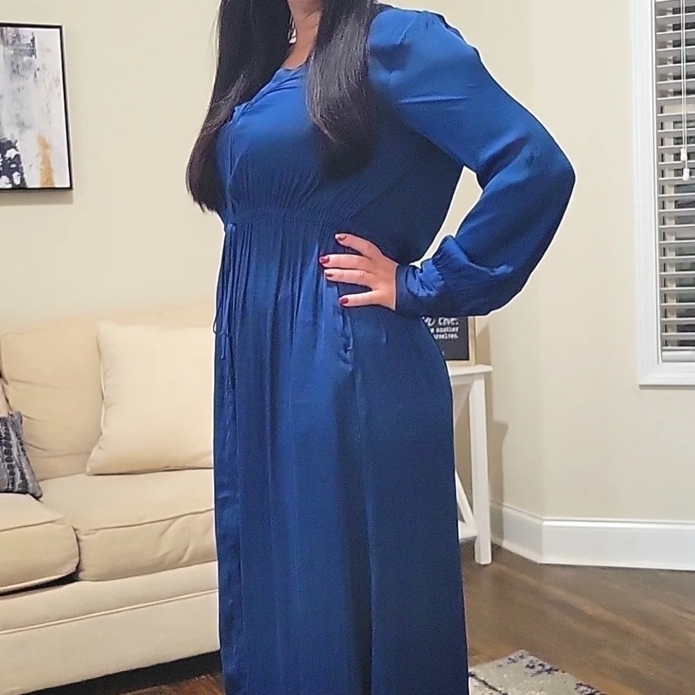 SCOTCH & SODA NAVY BLUE VNECK BUTTON DOWN PLEATED MAXI DRESS SIZE LARGE